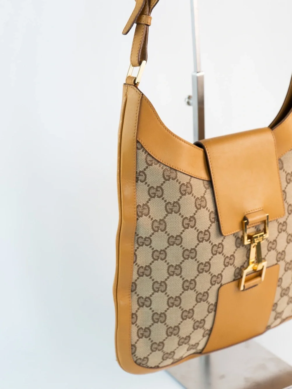 GG Monogram Canvas Leather Shoulder Bag in Tan